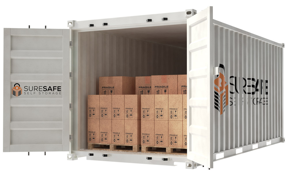 A white storage albury with brown colored boxes inside